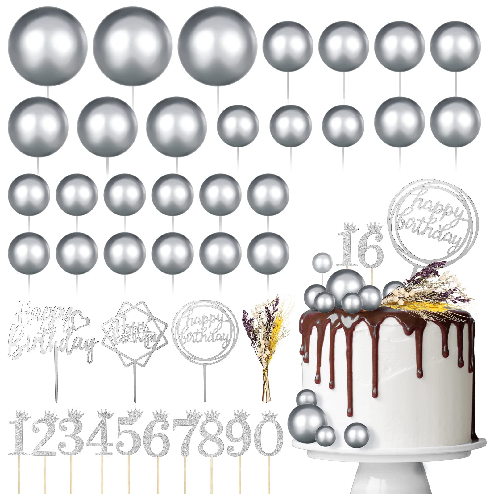QINREN43PCS Ball Cake Topper, Round Ball Cake Decorations Set Numbers 0-9 Crown Cake Topper, Acrylic Cake Insert Toppers and Artificial Dried Flowers Cake Decorations(Silver)