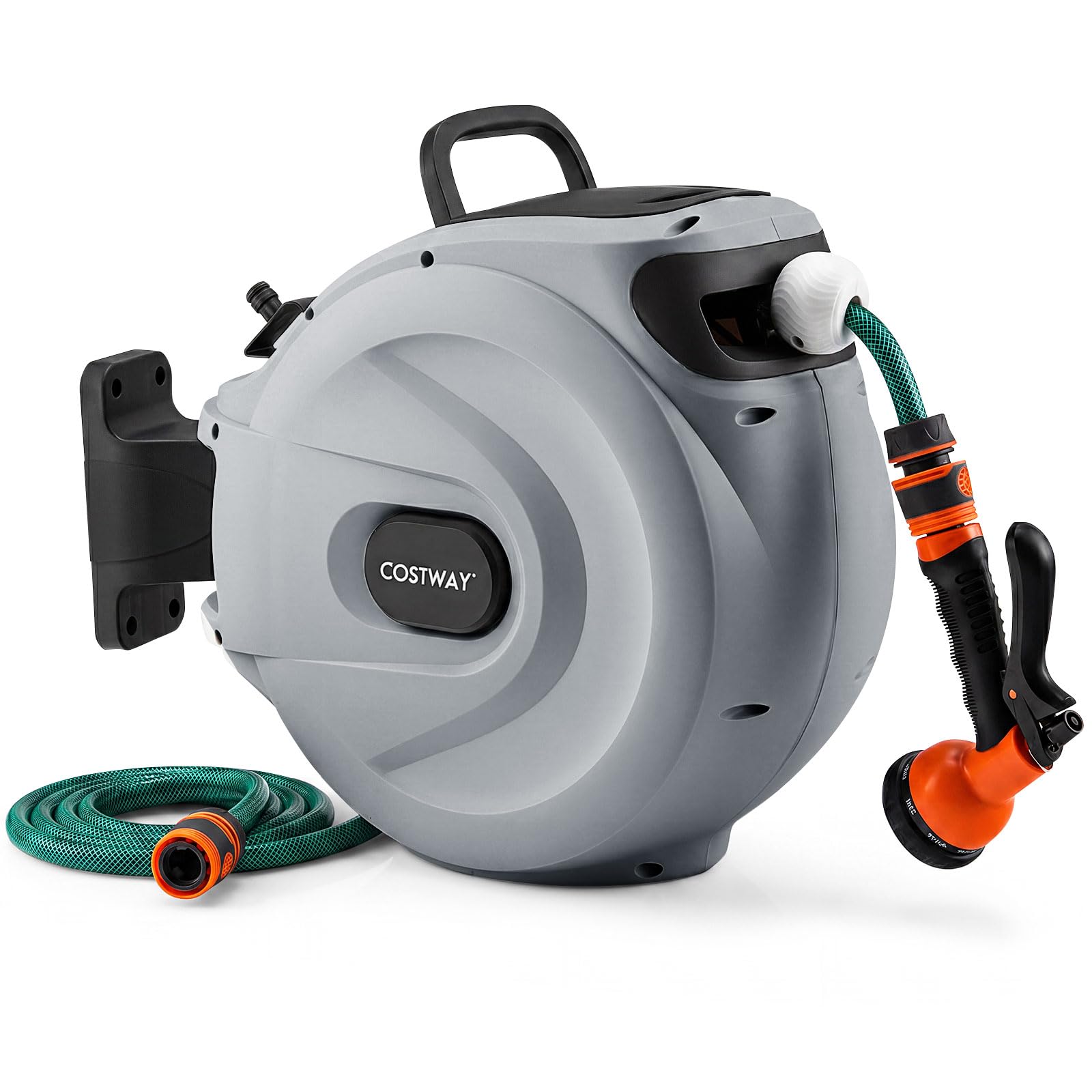 COSTWAY Retractable Hose Reel, 8 in 1 Nozzle Wall Mounted Garden Hose with 15+1M/20+2M/30+2M Pipe, Hose Locking Mechanism, 180°Swivel & Auto Rewind Design (Grey, 20+2M Pipe, 41 x 23 x 37cm)