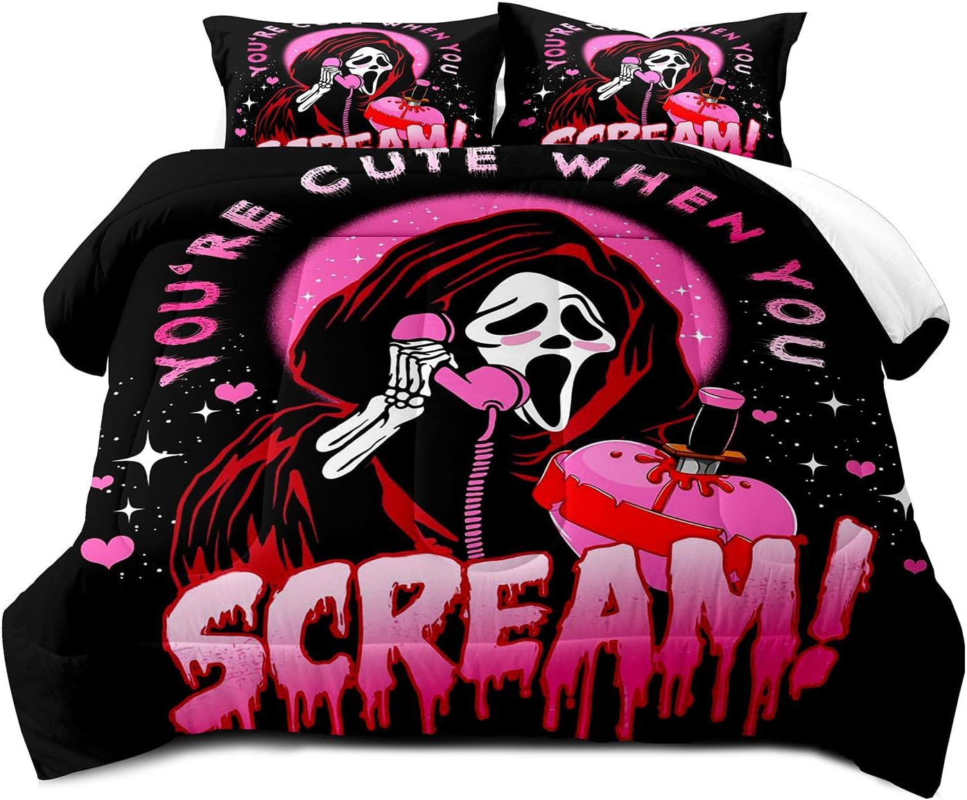 2 Pieces Funny Ghost Comforter Set Twin Size, Teen Girls Bedding Set, Hot Pink and Black Bedding, Gothic Spooky Scary Horror Scream Skull Face Heart Halloween Bedroom Decor, 1 Pillowcase image 2
