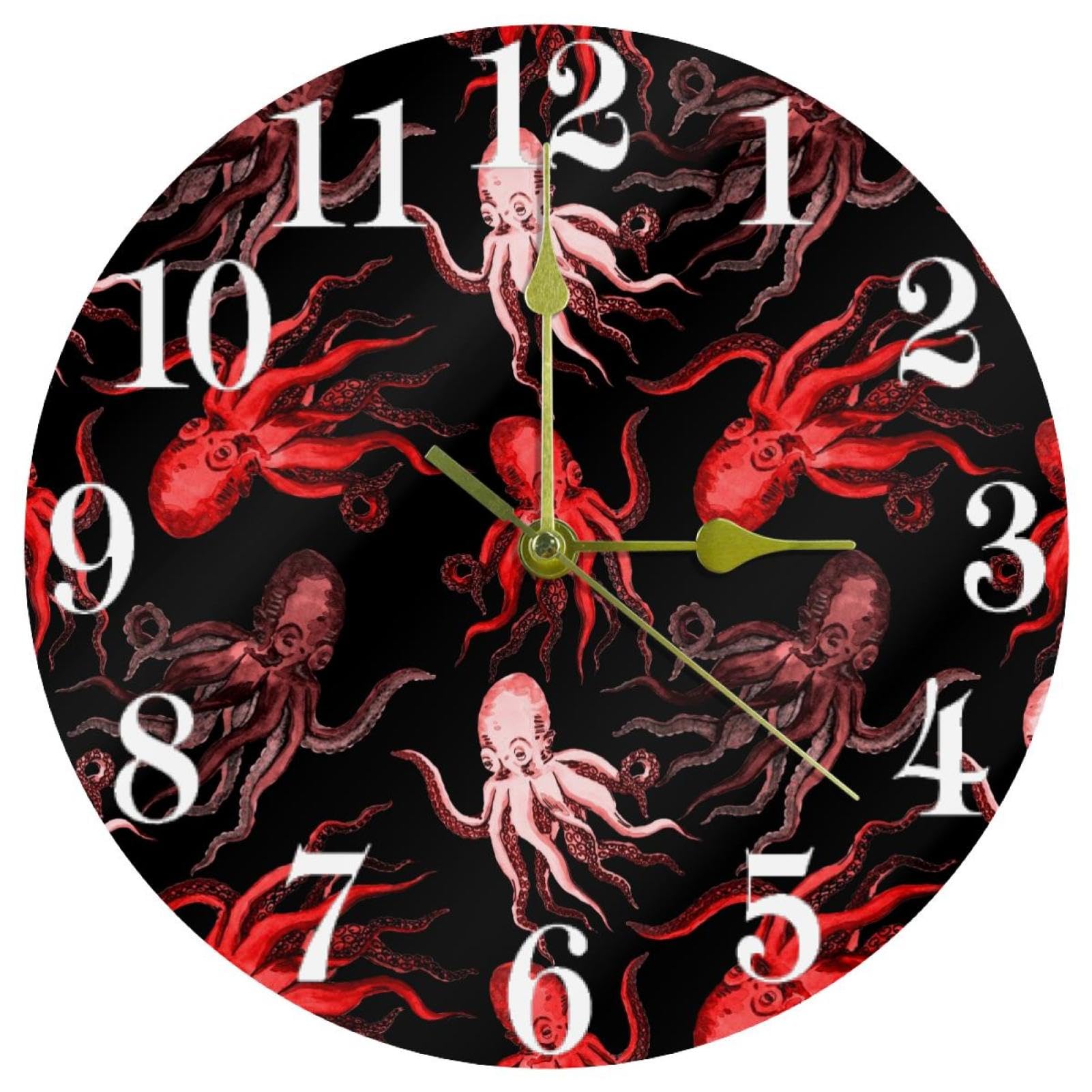 Horloge murale pieuvre rouge en aquarelle ronde pour décorer votre cuisine ou votre bureau