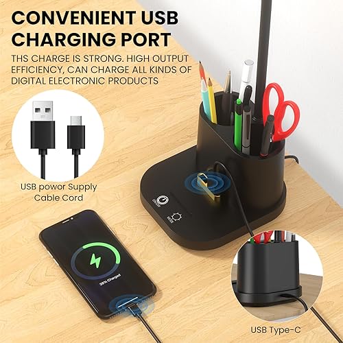 Miniatura 3 de Lámpara de escritorio para oficina en casa, con puerto de carga USB y soporte para bolígrafo, control táctil regulable, perfecta para estudio,