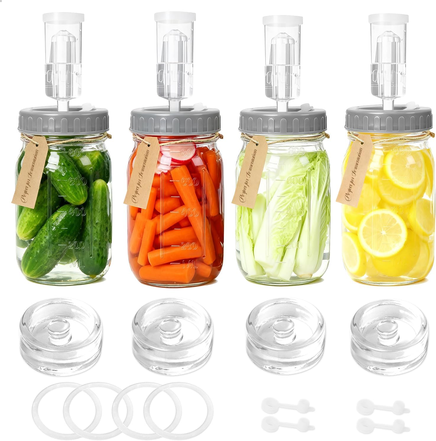 4-Pack Mason Jar Fermentation Kit(Jars Included) Four 32oz Fermentation Jars with Plastic Fermenting Lids, Airlocks, Silicone Rings & Grommets, and Glass Weights for Easy Fermenting & Storage
