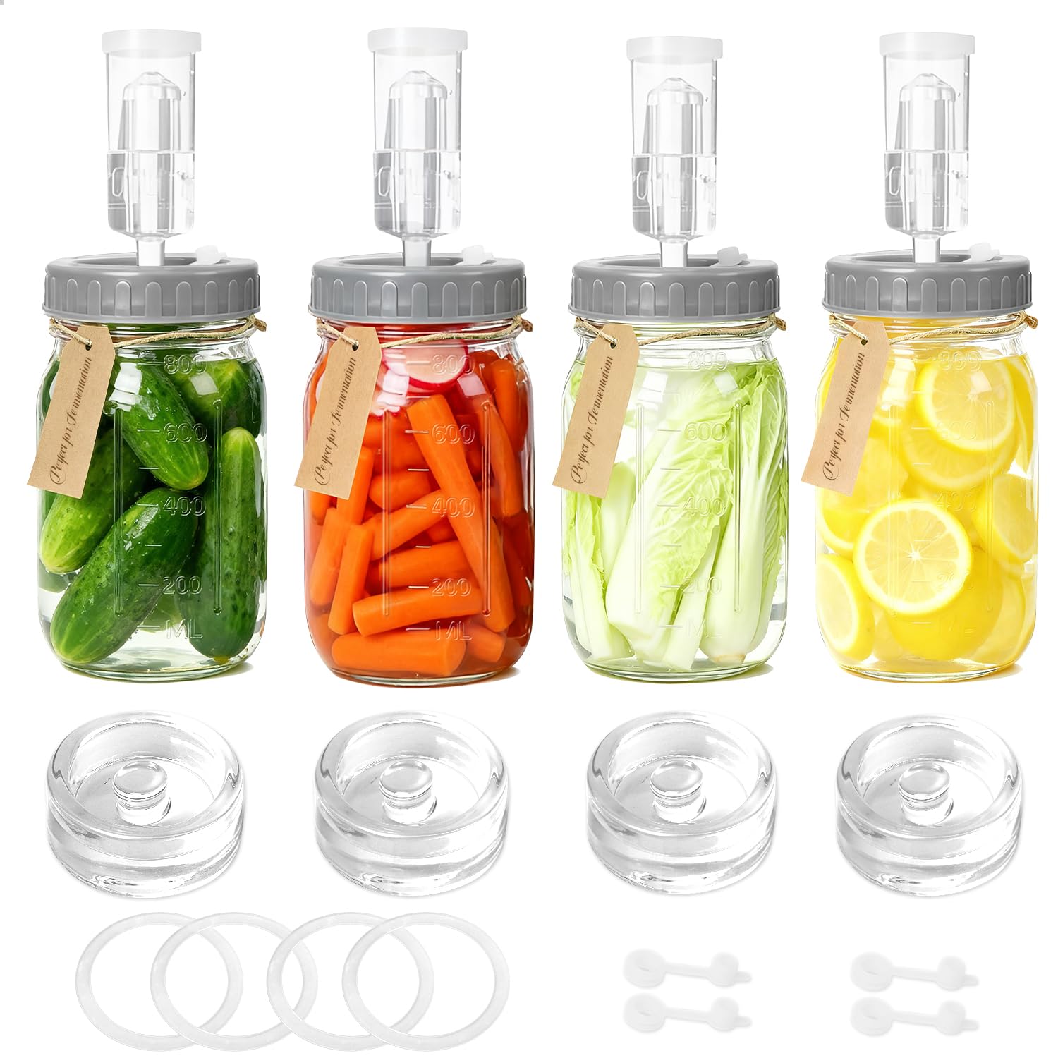 4-Pack Mason Jar Fermentation Kit(Jars Included) Four 32oz Fermentation Jars with Plastic Fermenting Lids, Airlocks, Silicone Rings & Grommets, and Glass Weights for Easy Fermenting & Storage