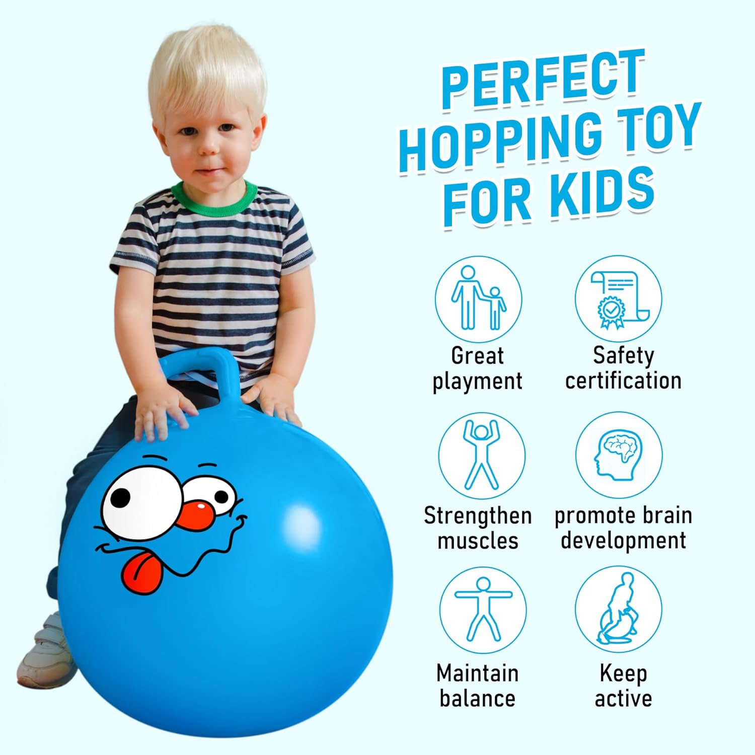 U&C Planet Hopper Ball 18 inches Bouncy Ball with Handle for Kids Age 3-6 Hoppity Hop Sit and Bounce Jumping Hopping Ball with Pump and Gift Box Great Gift for Birthday Christmas, Blue
