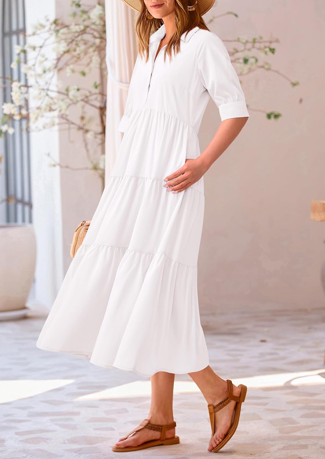 PRETTYGARDEN Women's Summer Long Dress Short Sleeve Lapel Casual Ruffle Flowy Maxi Dresses (Solid White,X-Large) - Image 7