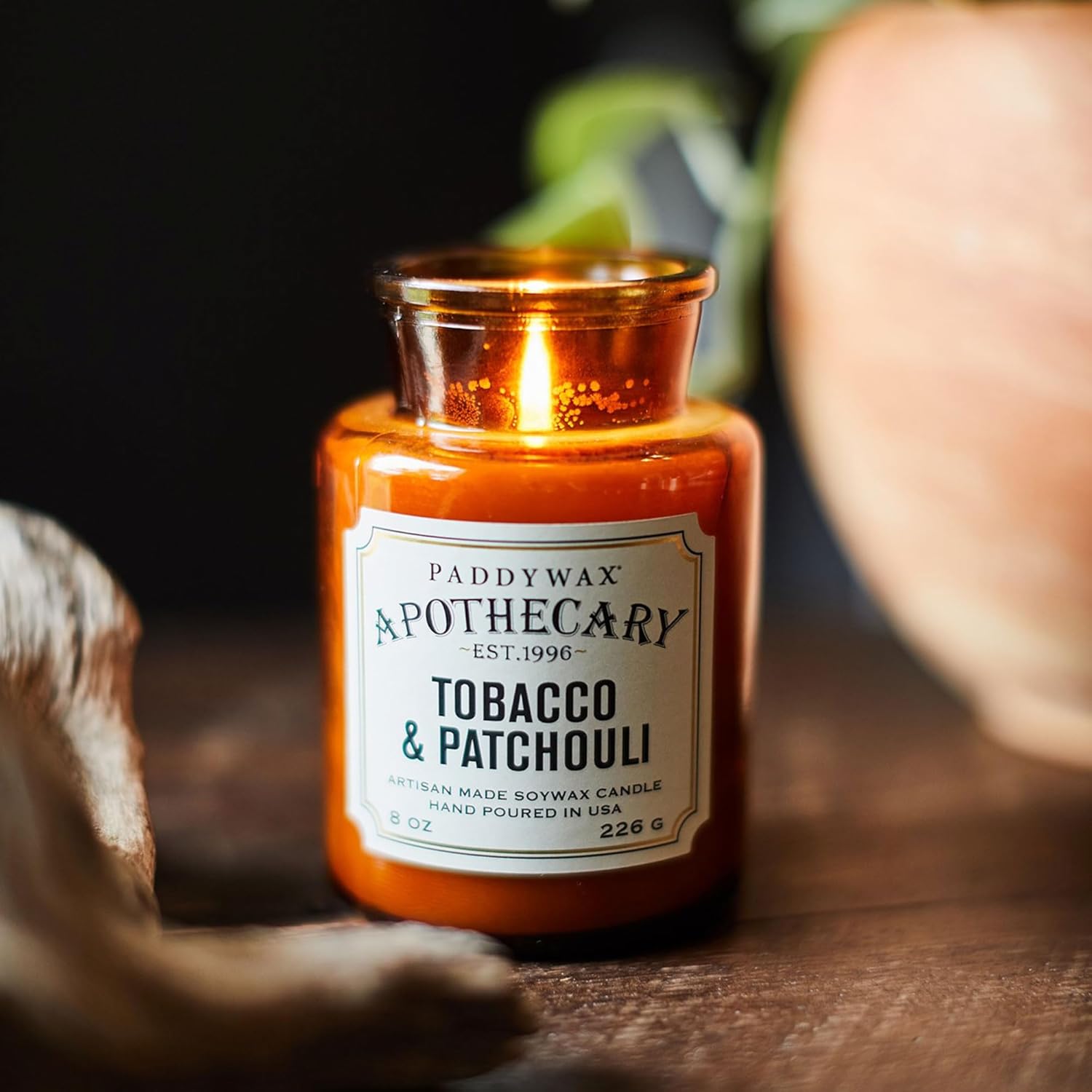 Paddywax Artisan Apothecary Scented Candle with Lid in Reusable Glass Jar, Clean-Burn Soy Candle with Approx. 54 Hour Burn Time, Tobacco & Patchouli, 8 oz.