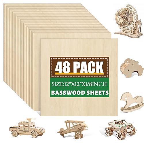 48 Pack Basswood Sheets 1/8x12x12 Inch, Unfinished Wood for Crafts,