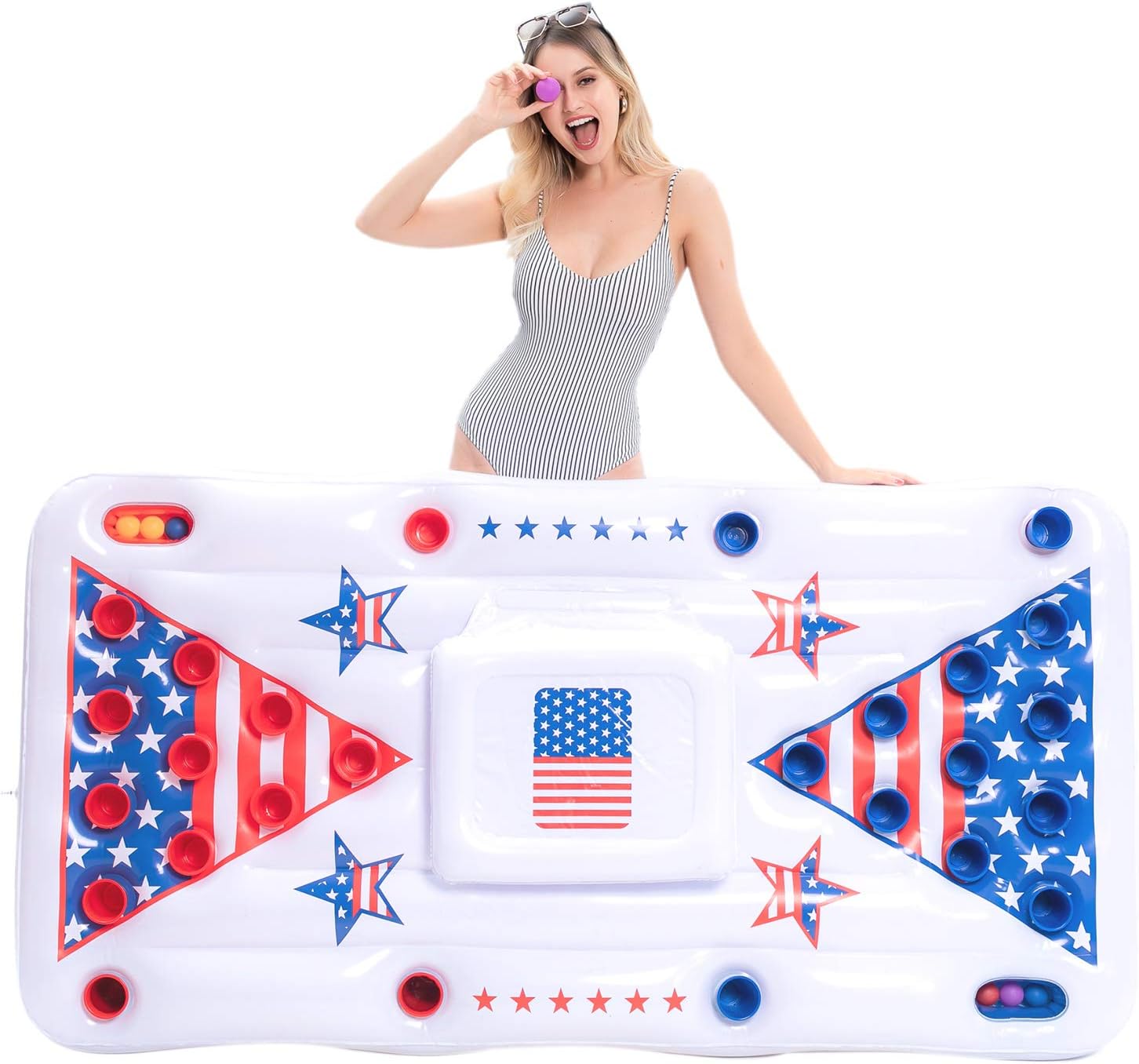 SLOOSH Summer Pool Games Inflatable Pong Table Float for Adults 6x3 Ft Summer Party Pool Floats, Pool Lounge Floating Raft Toys with Cooler and 8 Pong Balls, Inflatable Party Fun Games (White)
