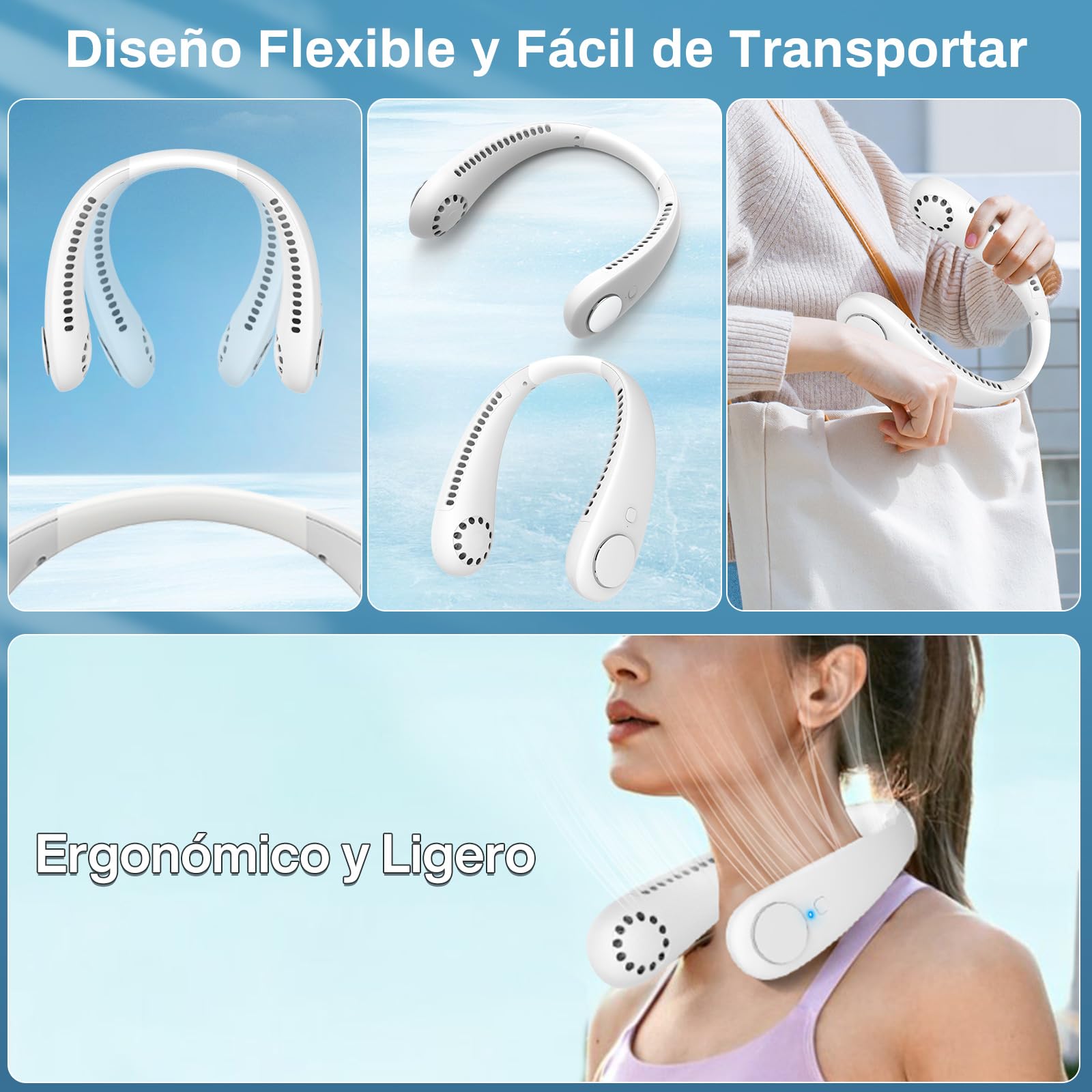 Timiyou Ventilador de Cuello Portátil Silencioso, Ventiladores de Cuello sin Aspas Manos Libres, 360° Flujo de Aire, USB Ventilador Portátil Para Viajar, Hogar, Oficina, Regalo