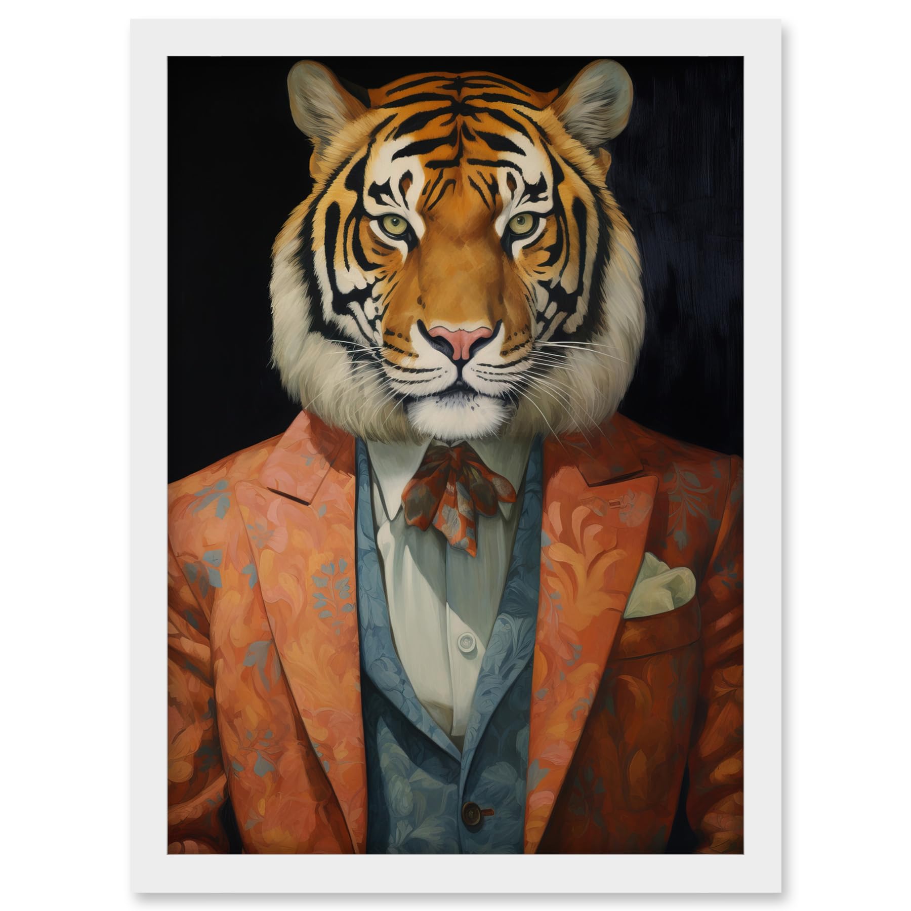Artery8 Tiger About Town Artwork Coral Pink and Cerulean Blue Suit Conceptual Portrait Artwork Framed A3 Wall Art Print