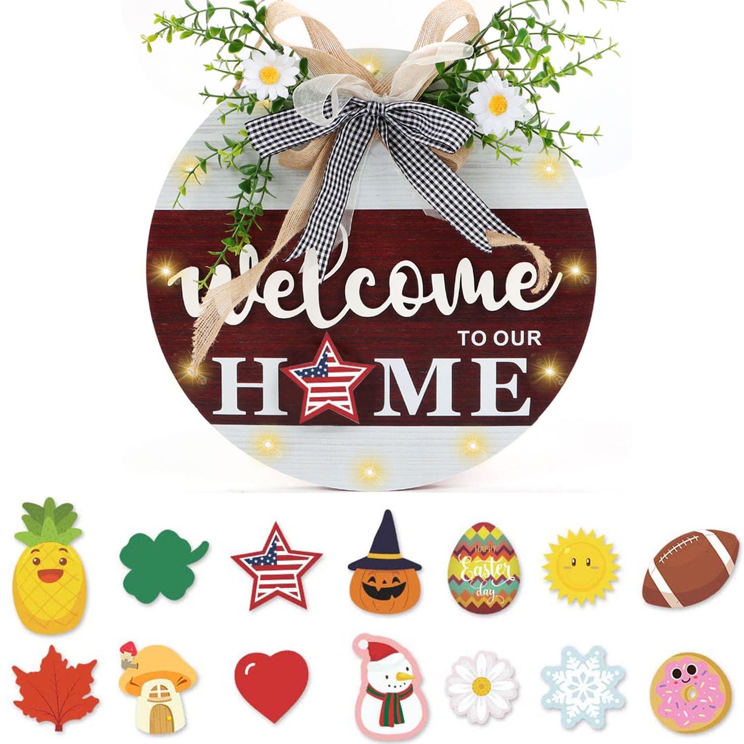 Anyzal Interchangeable Seasonal Christmas Welcome Sign Front Door Decor, Welcome to Our Home Sign Christmas Wreath with Lights for Holiday, Christmas Decor Housewarming Gifts