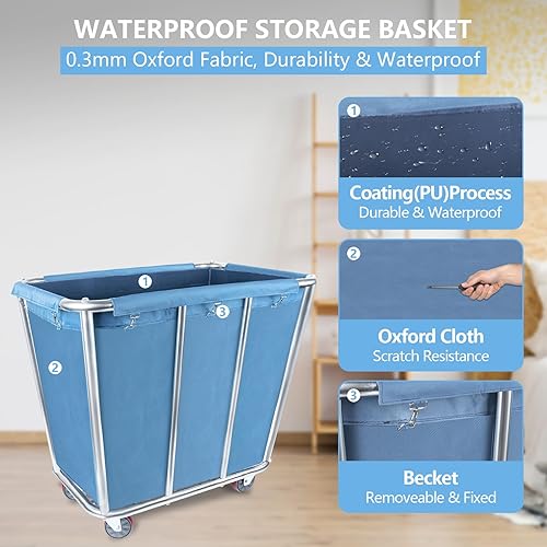 Miniatura 5 de Carrito de lavandería comercial con ruedas de 4 pulgadas, cesta de lavandería grande resistente, 10 bushel (350 litros), cesta de lavandería