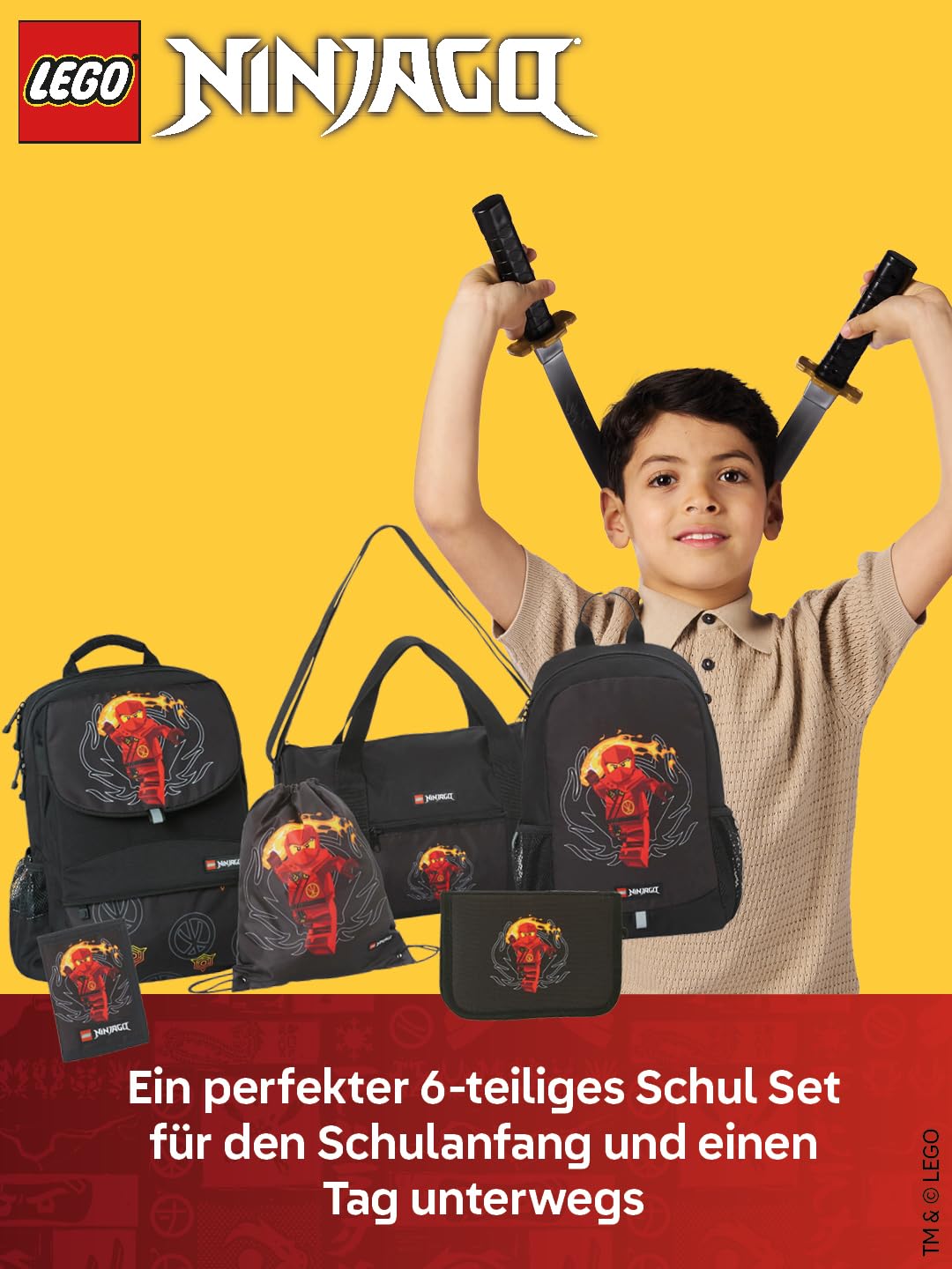 LEGO® NINJAGO® Schulranzen Jungen 1. Klasse Set Red –6-teilig LEGO NINJAGO Set mit Schulrucksack Jungen, Turnbeutel, Federmäppchen Junge, Geldbörse & Sporttasche