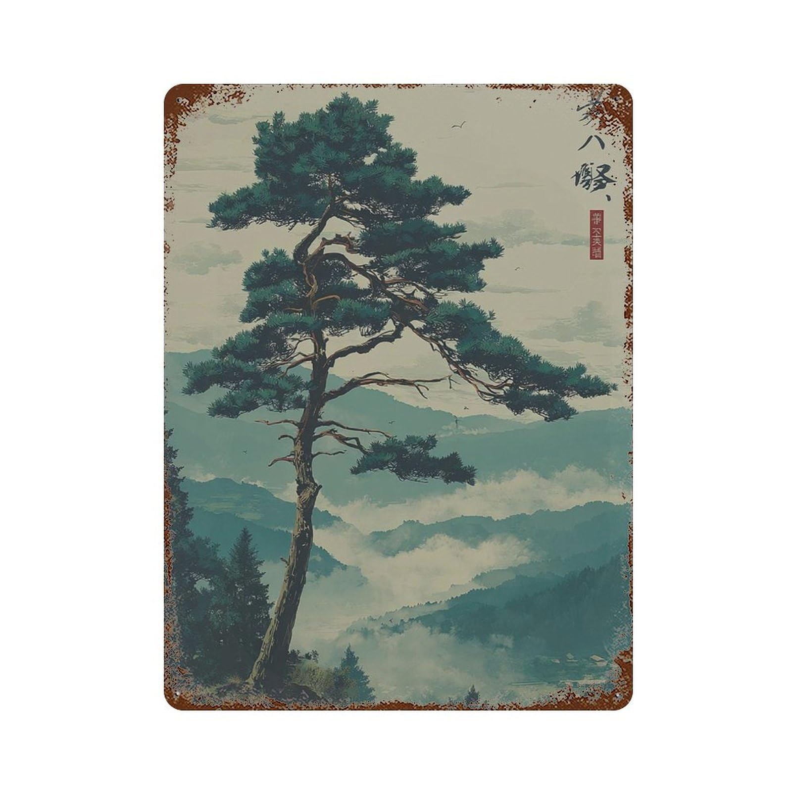 xiaoxiaoshen Pine Tree Japanese Style Misty Mountain Landscape Nature Wall Decor Art Metal Tin Poster Modern Home Decor Art Home Bar Shop Decorations Vintage Sign 40x30cm