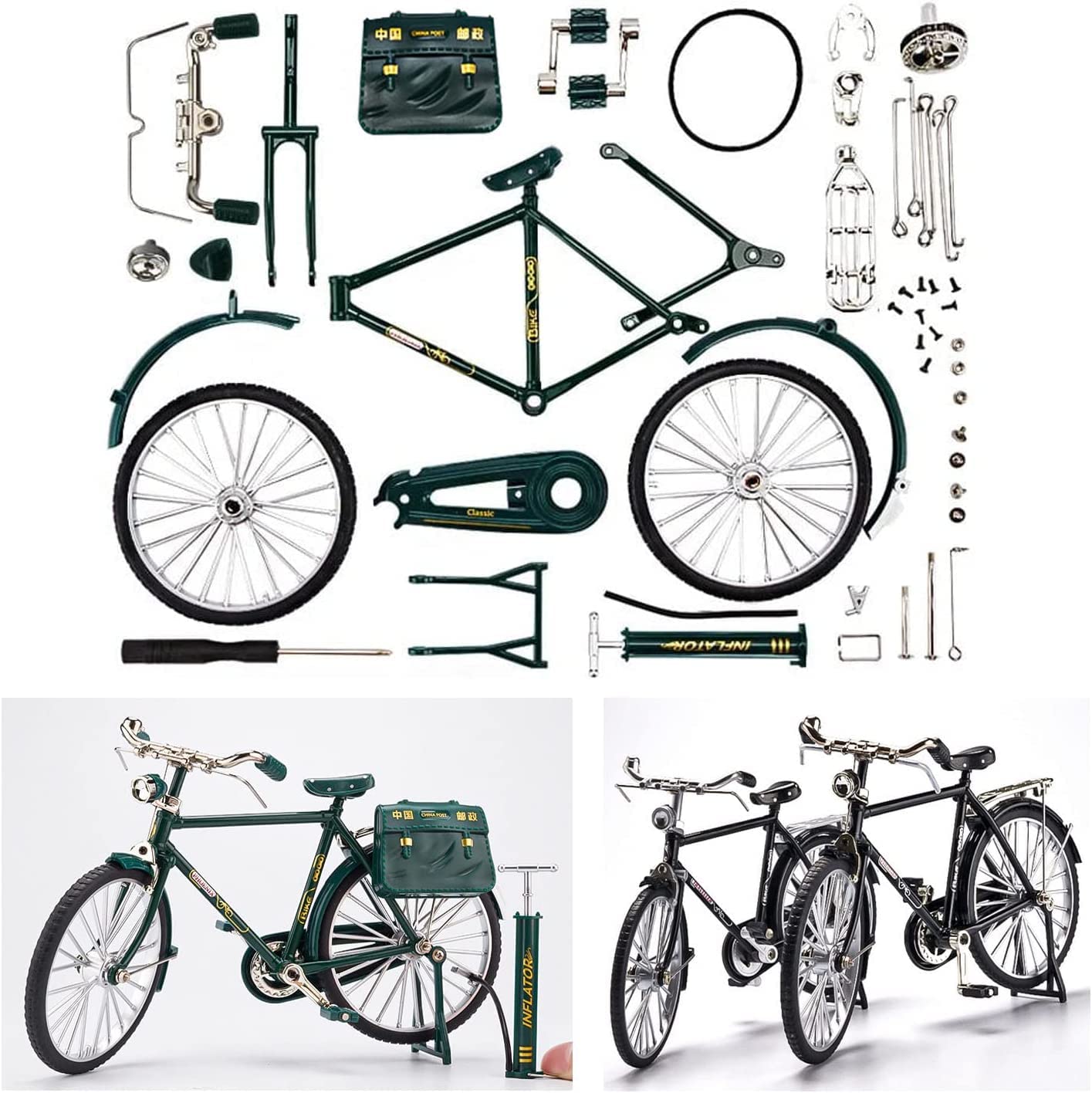 2023 DIY Retro Bicycle Model Ornament for Kids, 1:10 Simulation Mini Bicycle Model Scale Kit with Inflator and Briefcase, Finger Bike Models Toys, Creative Iron Art Tabletop Ornament Toys (B-Green) - Image 7 thumbnail