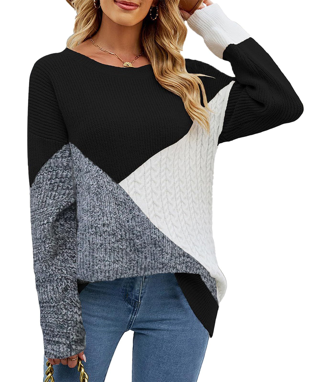 NLAND Maglione Donna Blocchi di Colore Pullover in Maglia Casual Autunnale Invernale Girocollo Colletto Rotondo Maglia Caldo a Manica Lunga Pullover Top