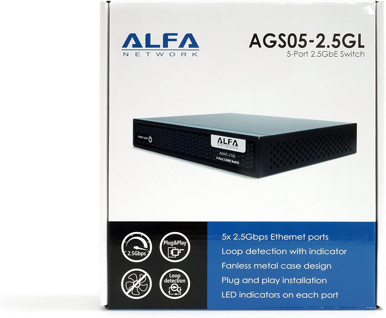 ALFA 5-Port Unmanaged 2.5G Switch, 5 x 2.5GBASE-T Ports, Loop Detection and Fanless Design(AGS05-2.5GL)