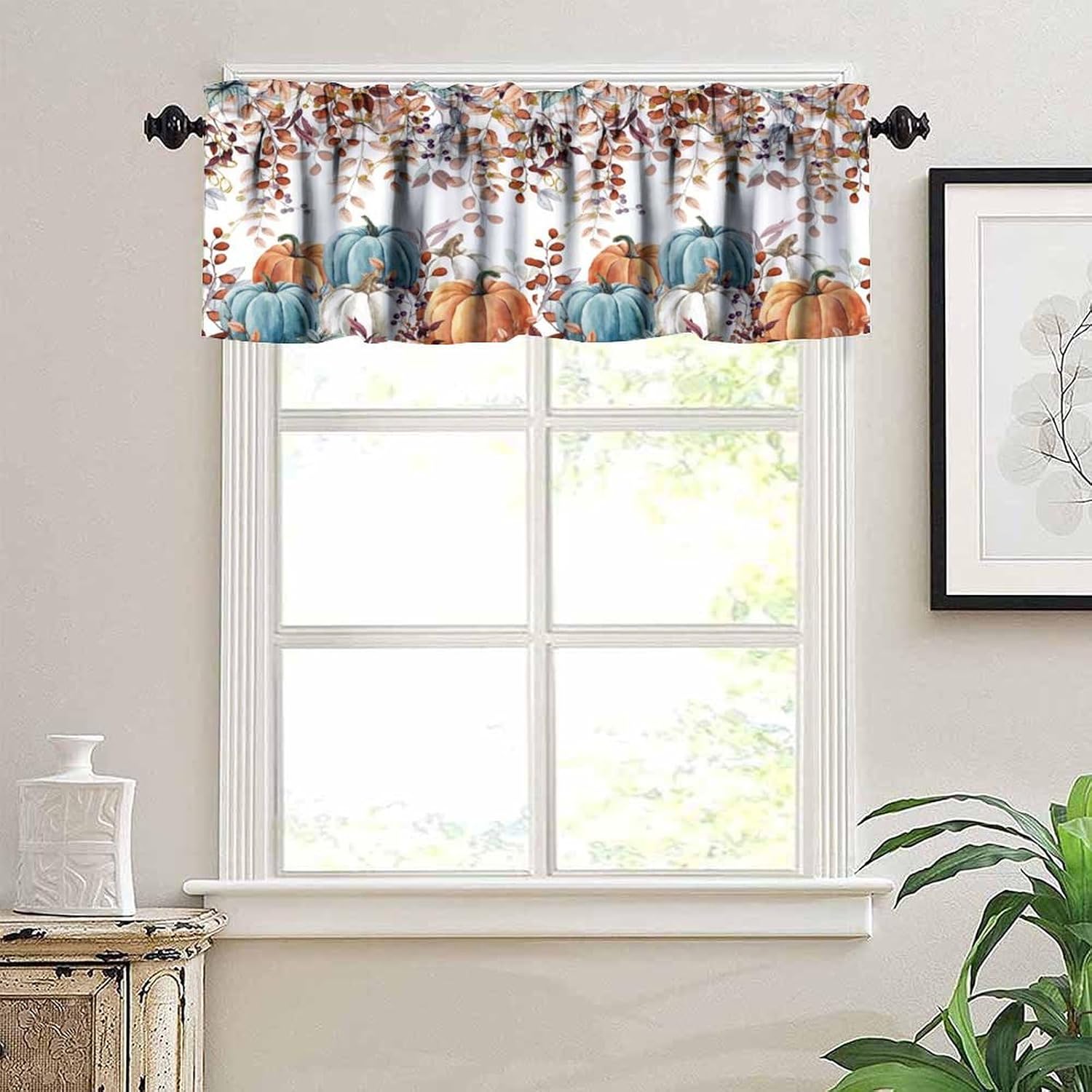 Fall Thanksgiving Curtains Valances for Windows，Watercolor Autumn Pumpkins Eucalyptus Leaves Window Treatment Valances for Kitchen Living Room,54" X 18"
