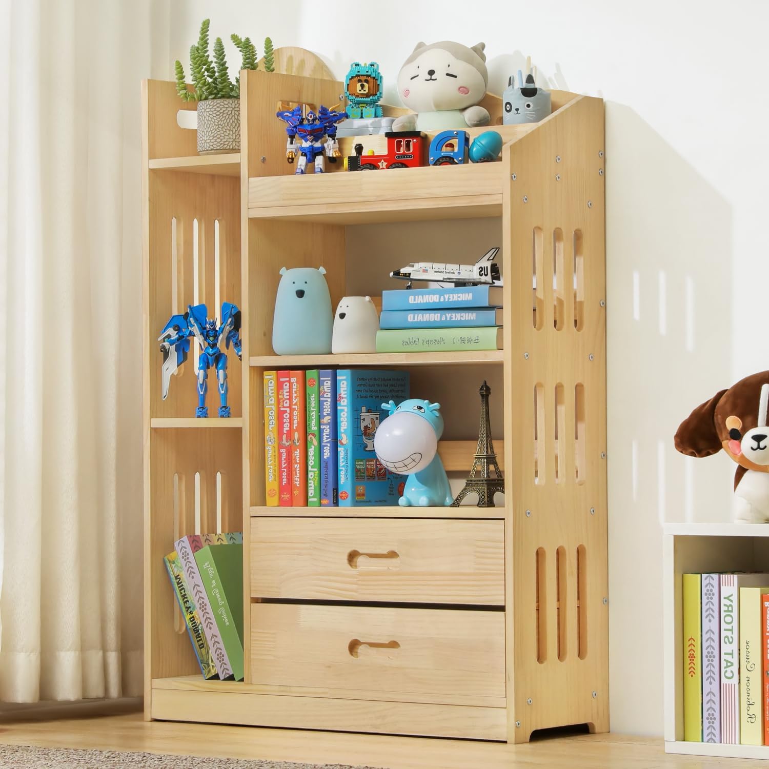 Magshion Staggered 3-Shelf Wood Bookshelf with 2 Drawers, Natural Free Standing Bookcase Cube Storage Organizer Display Storage Shelf for Books CDs Plants, Wooden Bookshelf for Home Office