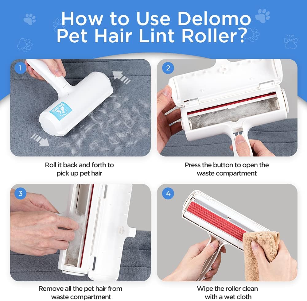 DELOMO Pet Hair Remover, Pet Roller and Pet Gloves, Pet Grooming Gloves, Reusable Dog Hair Remover Roller, Efficient Pet Hair Removal Tool for Your Pets and Furniture, Blue Red