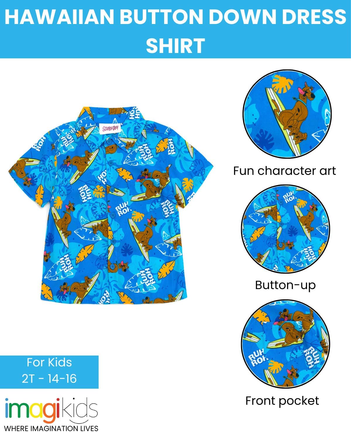 Scooby-Doo! Surfboard Hawaiian Button Down Shirt Toddler to Big Kid Sizes (2T - 14-16) - Image 3