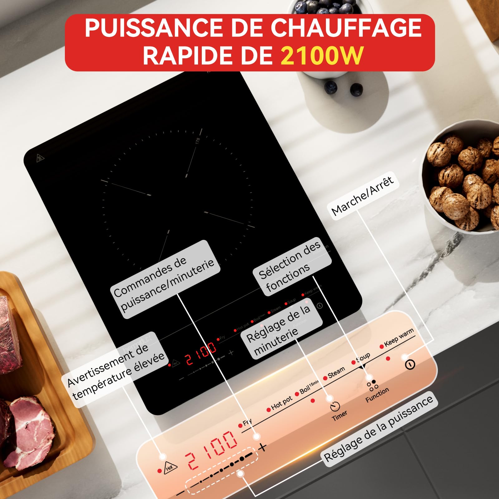 Hermitlux Plaque à Induction 1 Feu Portable 2100W 6 Programme 28CM Sécurité | 9 Puissances,Minuterie & Maintien au Chaud, Taille Compacte pour Cuisine, Bureau