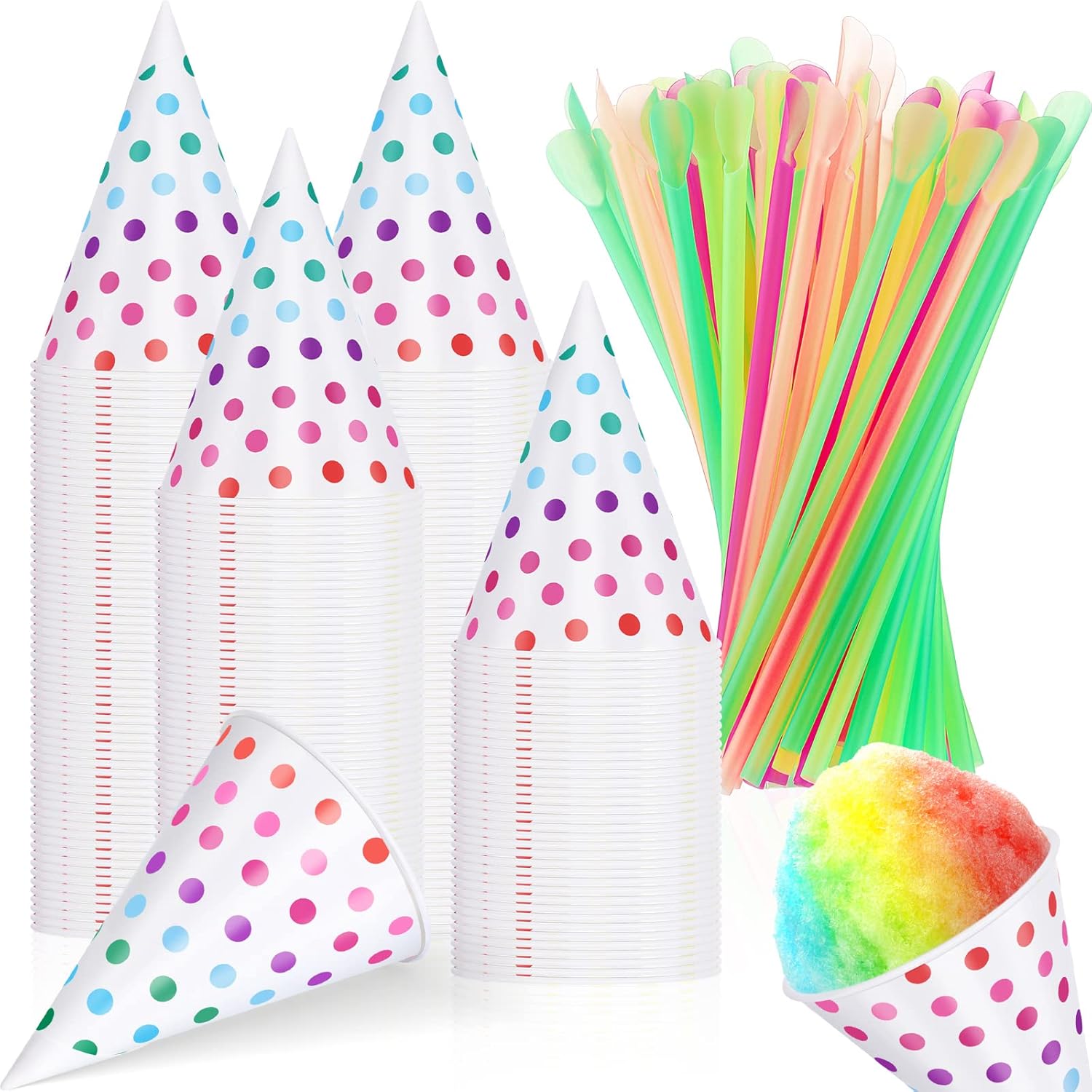 Disposable Snow Cone Cups and Spoon Straws Set Colored