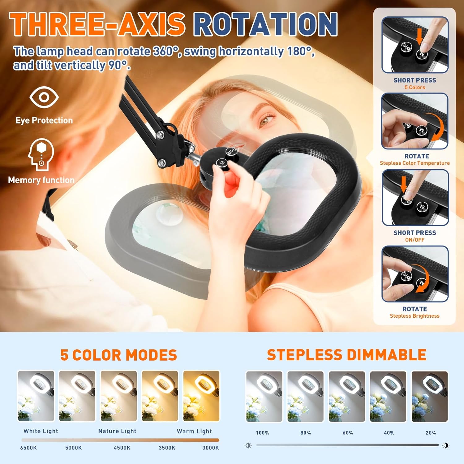 KIRKAS 12X&30X Magnifying Glass with Light Three-axis Rotation, Extra-Long Arm Magnifying Lamp for Workbench Sewing, Lighted Magnifier Real Glass Lens Stepless Dimming and Color(12X&30X Oval Clamp)