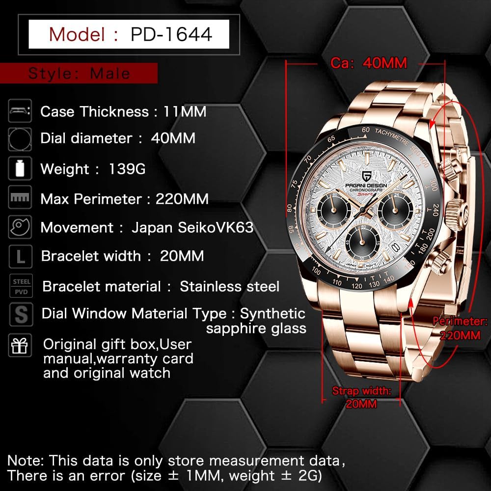 Pagani Design PD-1644 Quartz Men's Watch, Date, Sapphire Lens, 316L Stainless Steel, Ceramic Bezel, VK63 Movement, Water Resistant Watch, Men's Sport Waterproof Chronograph Watch