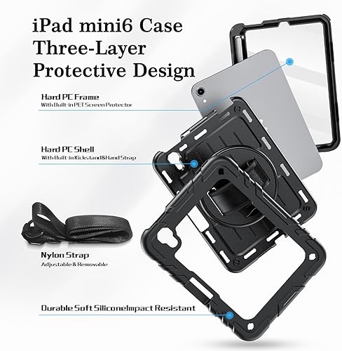 Miniatura 5 de Funda para iPad mini 7 A17 ProiPad mini 6 de 8.3 pulgadas, funda para iPad mini de 76 generación (20242021) con soporte para lápizsoporte, correa de