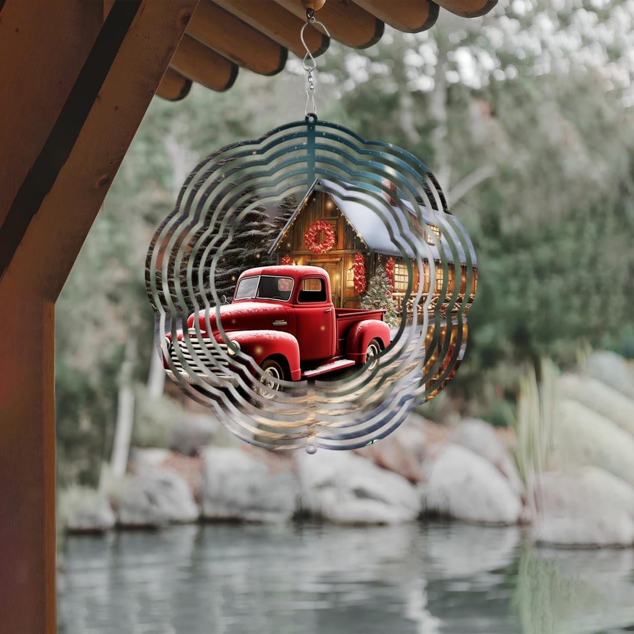 Red Truck with Farmhouse Christmas Wind Spinners 3D Stainless Steel Laser Cut Metal Double Sided Printing-Hanging Indoor/Outdoor Decorations Yard Gardening Decor,Metal Kinetic Art 14x14 inches