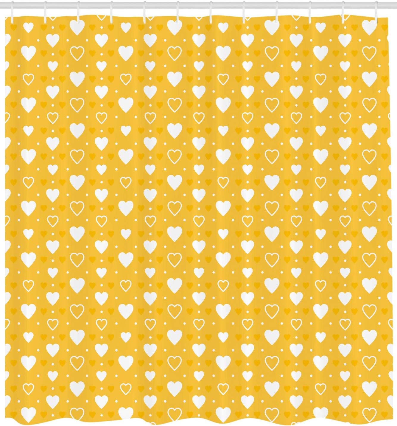 Ambesonne Yellow Shower Curtain, Full and Empty Heart Shapes with Little Dots and Tiny Hearts Pattern, Cloth Fabric Bathroom Decor Set with Hooks, 69" W x 75" L, Yellow White
