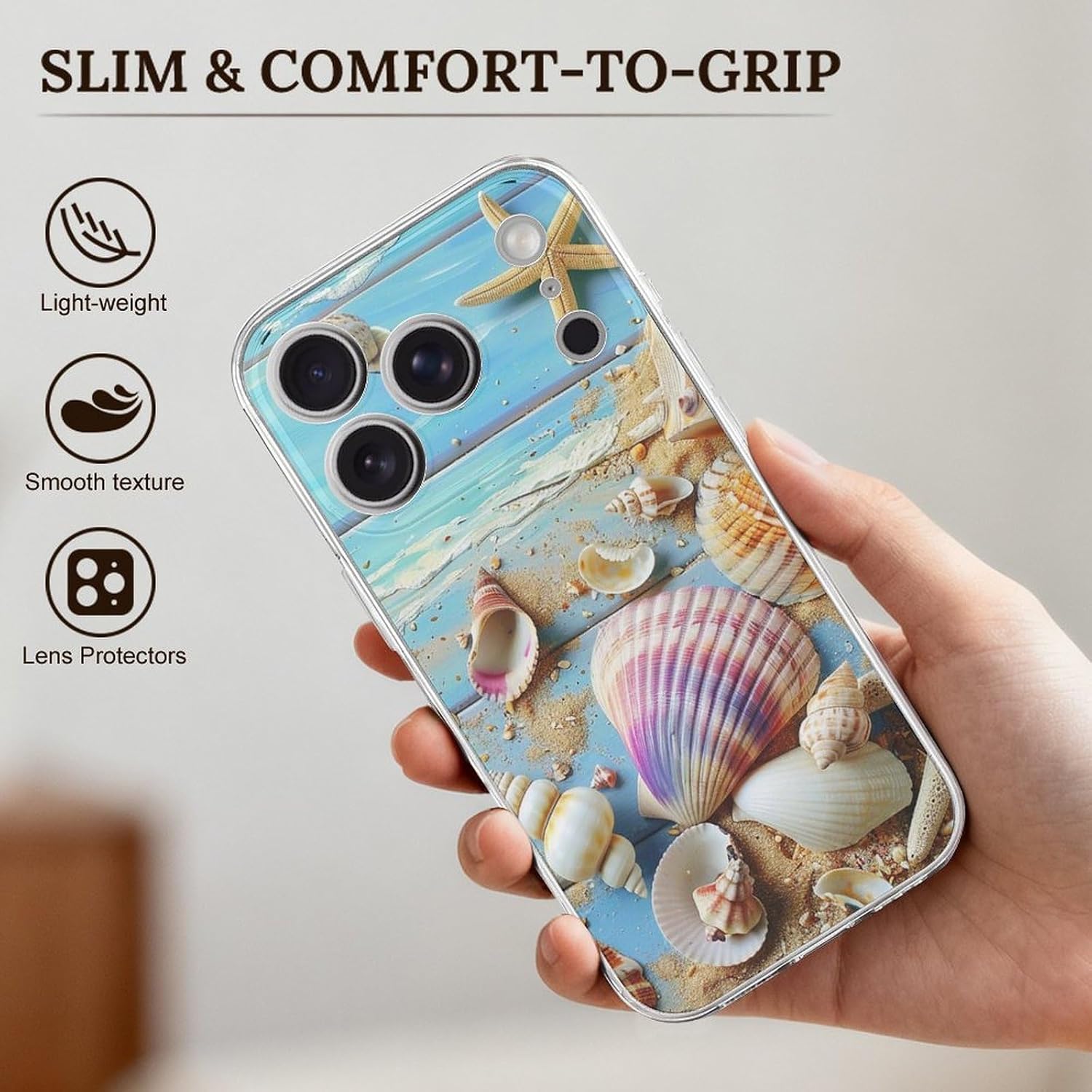 Clear Phone Case for iPhone 17 Pro Case, Beach Theme Seashells Prints Shockproof TPU Cell Cover with Wireless Charging, Anti-Yellowing, Transparent image 3