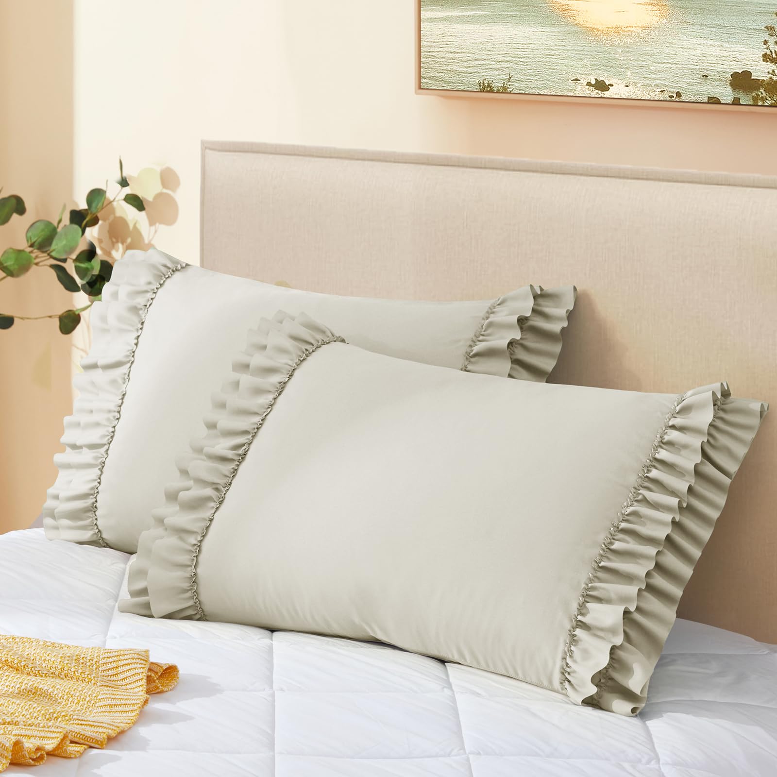 Vonty Ruffled Pillow Cases Queen Pillowcases(20x30), Decorative Ruffle Pillowcases - Taupe Pillow Cases Set of 2, Scalloped Euro Sham Farmhouse Pillow