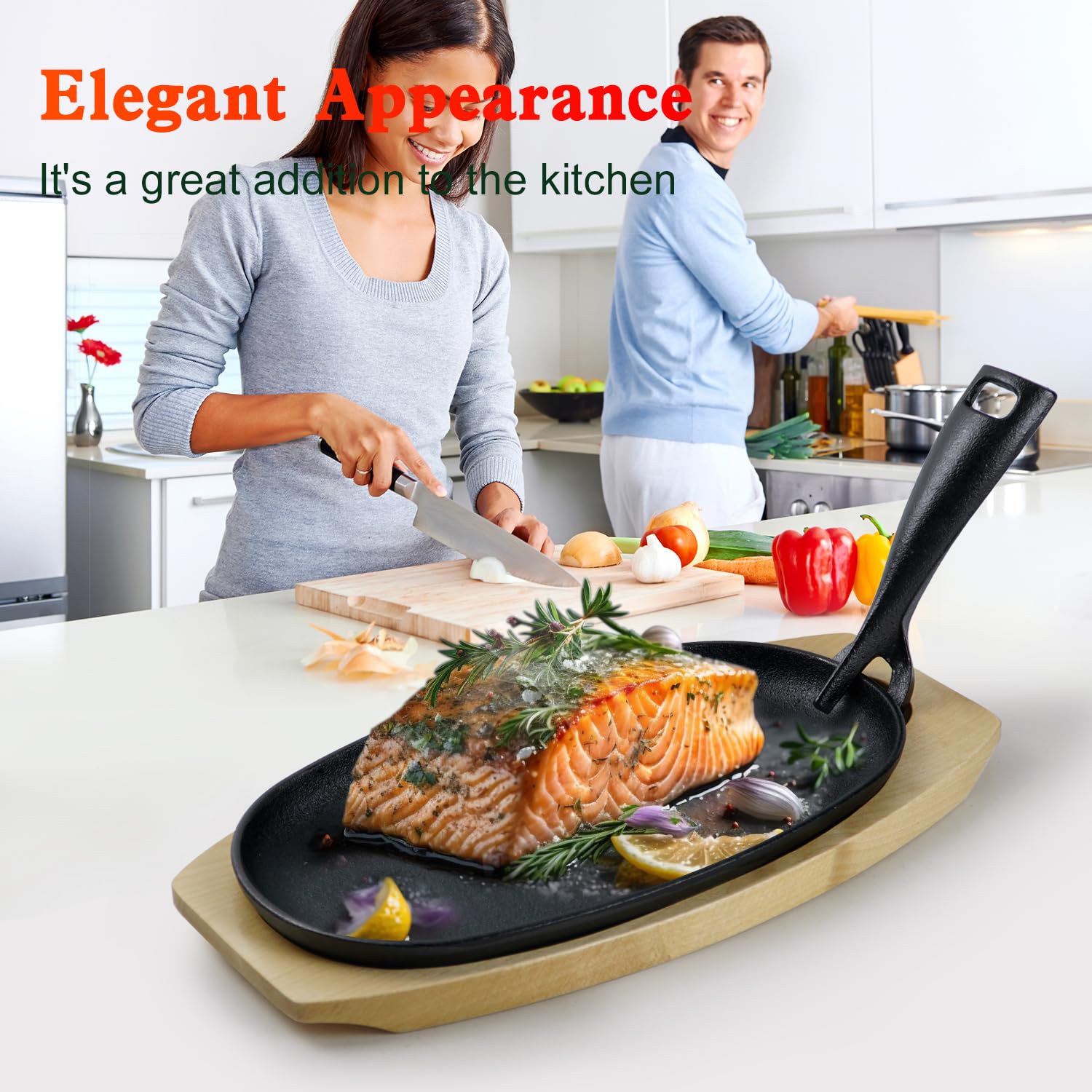 DVK 2 Set Cast Iron Skillet Sizzling Plate With Wooden Base Fajita Skillet With Removable Handle For Home Barbeque Kitchen Service