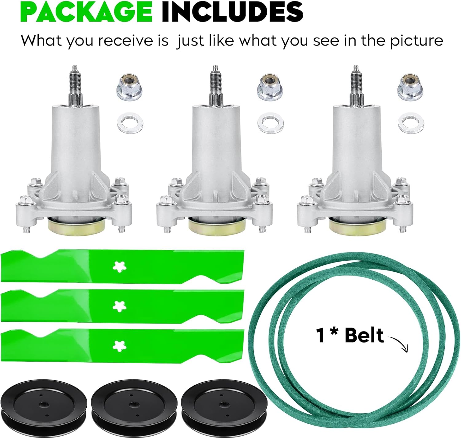 54" Deck Spindle Rebuild Kit for Craftsman/for Husqvarna YTH2454 LGT2654 LGT2554, Include 3 Spindles 187292 192870, 3 Pulleys 129861 153535, 3 Blades 187256 187254, 1 147 1/2" Belt 196103