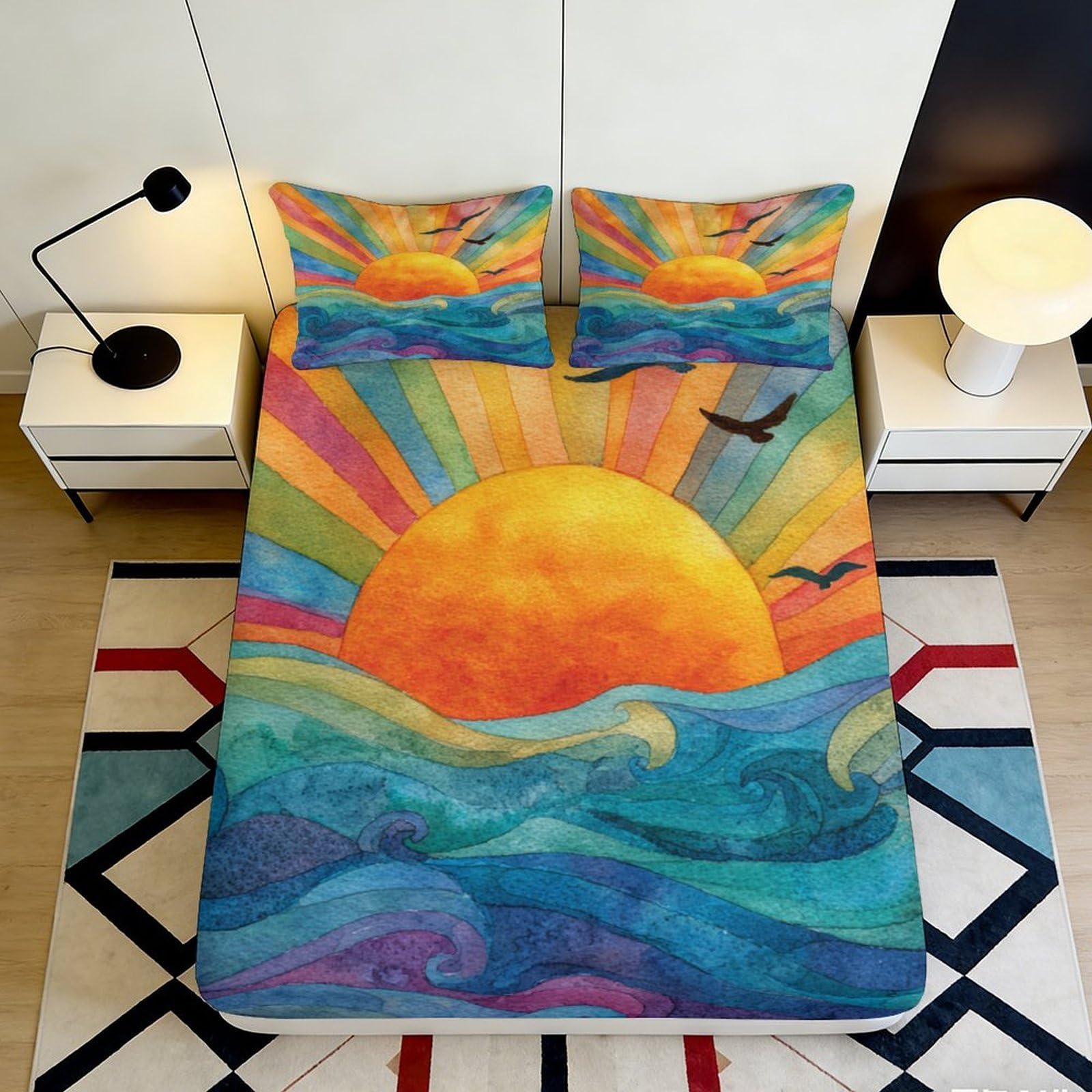 3D Printed Sunrise Ocean Waves Fitted Sheet Microfiber Bed Sheet Vibrant Bedroom Decor Mattress Cover 90x200x25cm
