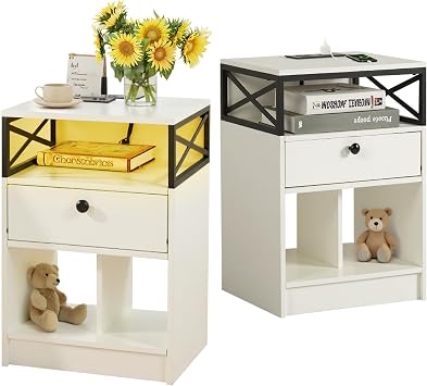 SunSettler Nightstand Set of 2 with Charging Station, End Table with 1 Drawers and Storage Shelf, Bedside Table with 2 USB Ports and 1 Outlet White