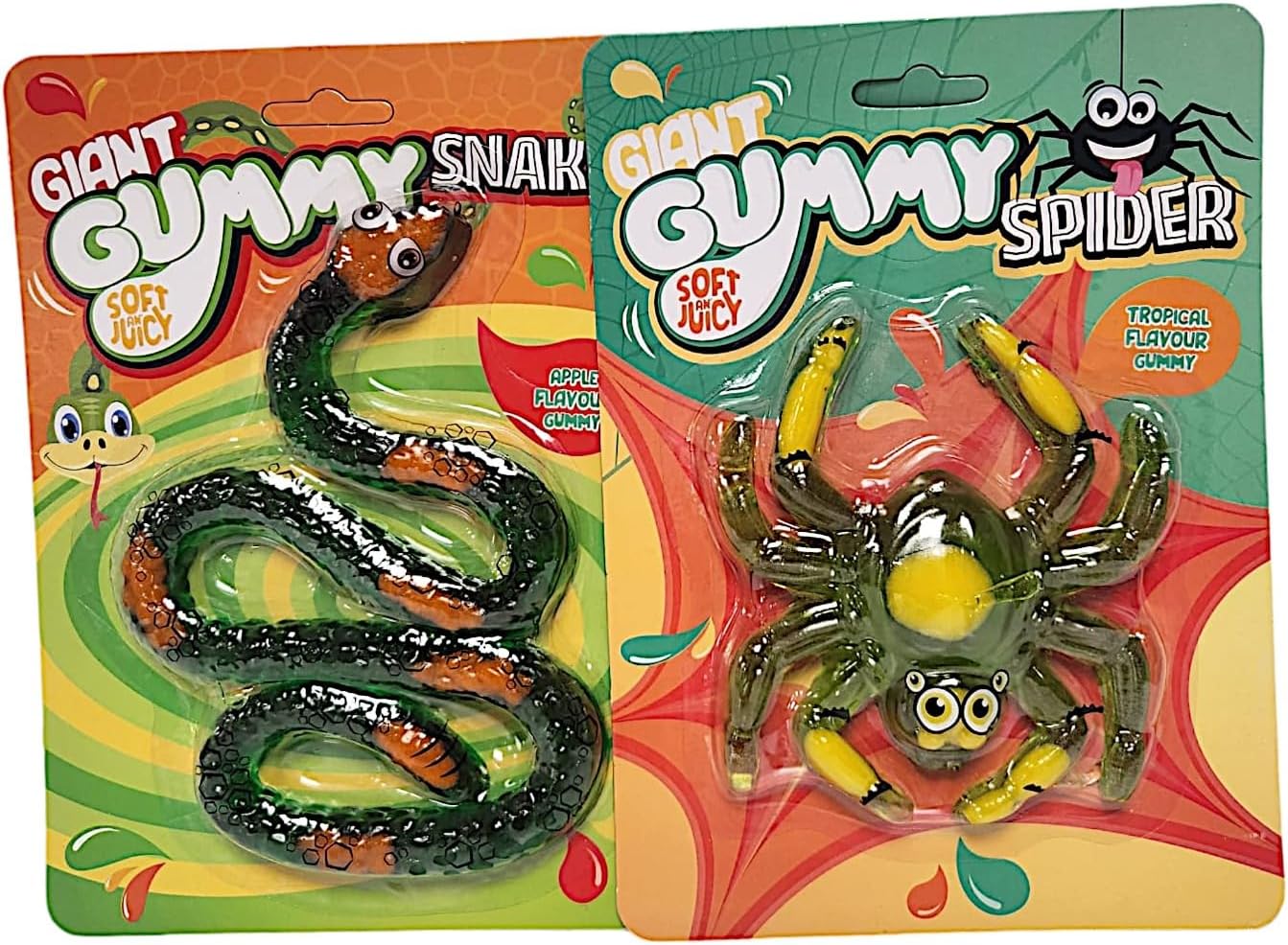 Giant Gummy Snake and Spider Combo – Soft and Juicy Strawberry & Bubblegum Flavors – Fun and Playful Treats – Ideal for Kids and Adults (Apple Snake & Tropical Spider (Pack Of 2))