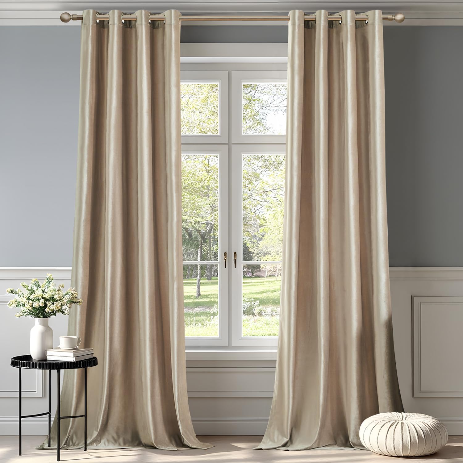 BULBUL Champagne Velvet Curtains Beige Luxury Elegant Living Room Curtain - Modern Thermal Insulated Soundproof Privacy Room Darkening Floor to Ceiling Soft Drapes for Bedroom