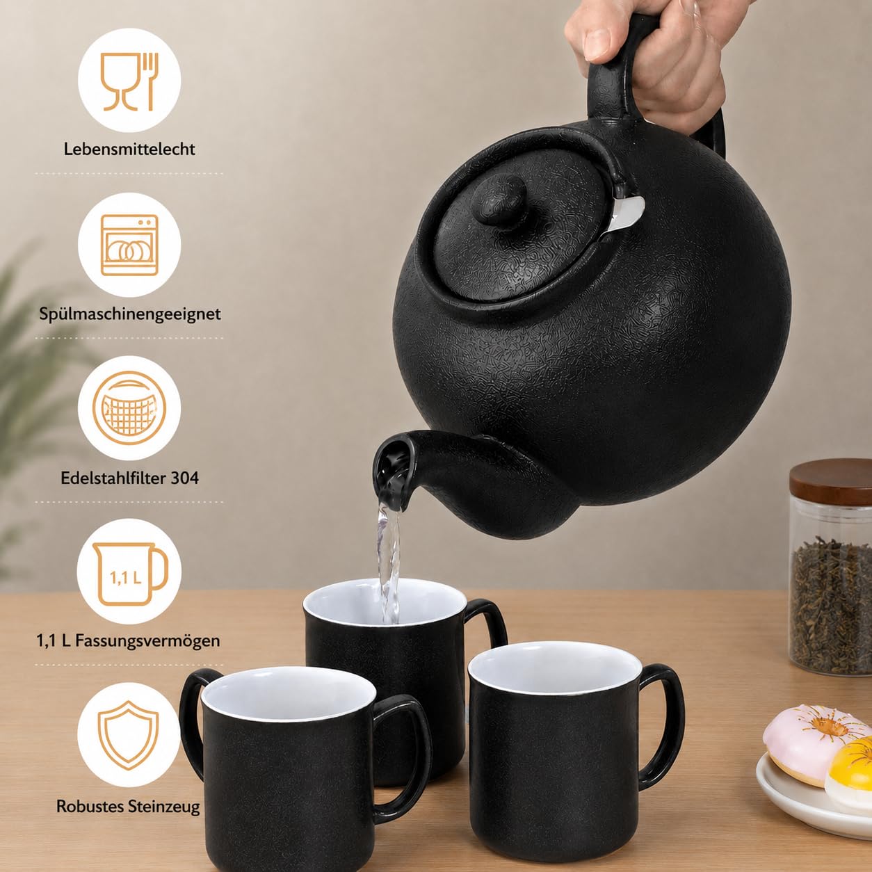 Urban Lifestyle Teekanne mit Siebeinsatz, Keramik Teekanne 1,1 L Schwarz mit Edelstahl Teefilter 304, extra fein, Teapot für losen Tee und Teebeutel, tropffrei, spülmaschinenfest