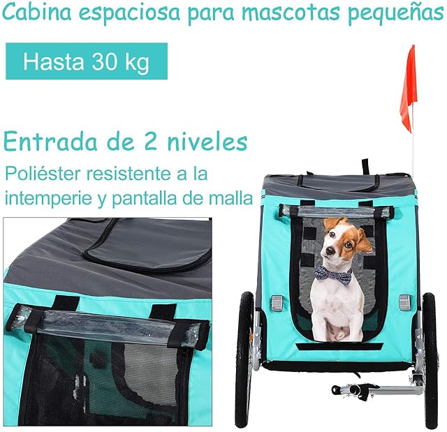 Foto 3 de 8 de PawHut Remolque Bicicleta Perros Mascota con Anillo Bandera Reflector de Seguridad Remolque Bici Cabina…