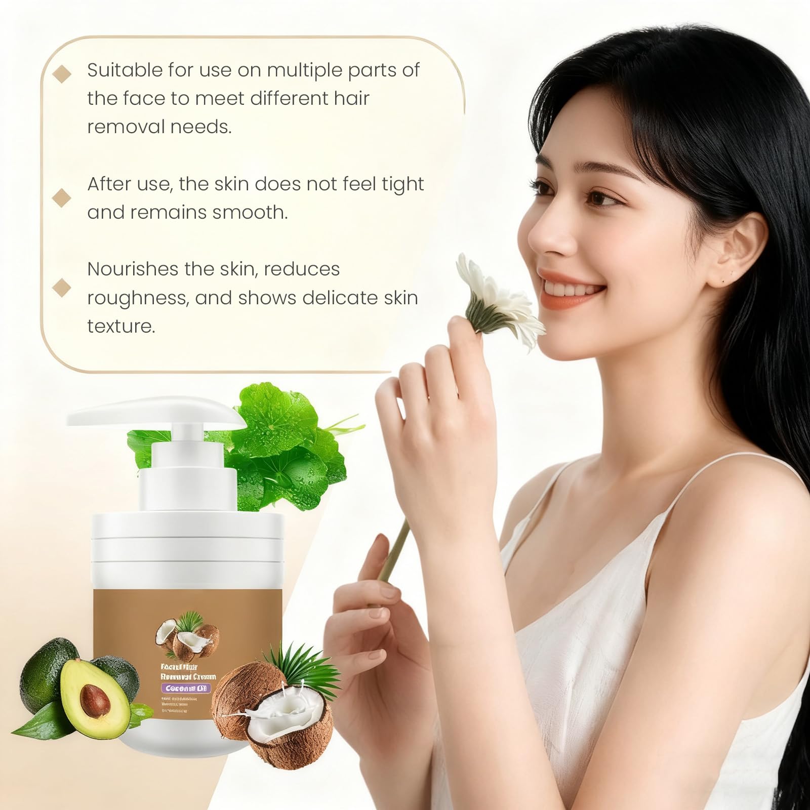 Crema depilatoria viso con olio di cocco, crema di depilazione delicata per labbra superiore e mento, elimina i peli senza irritazione, cura lenitiva per pelli sensibili, donne e uomini (6 pezzi)