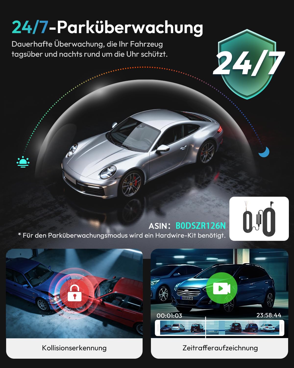 BOTSLAB Dashcam Auto Vorne Hinten 4K GPS WiFi Dual Autokamera 64GB SD Karte ADAS Nachtsicht 170° Weitwinkel WDR 2,45" IPS 24/7 Parküberwachung Loop-Aufnahme
