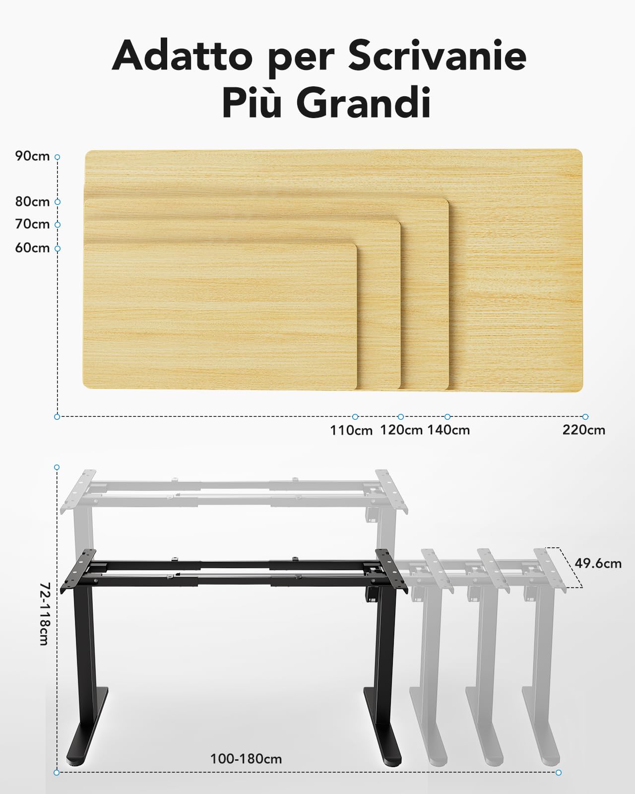 HUANUO Telaio per Scrivania, Gambe Elettriche con Motore Senza Spazzole, Telaio Regolabile in Altezza con Capacità di 100 kg per Piani di 110 x 180 cm, Solo Telaio