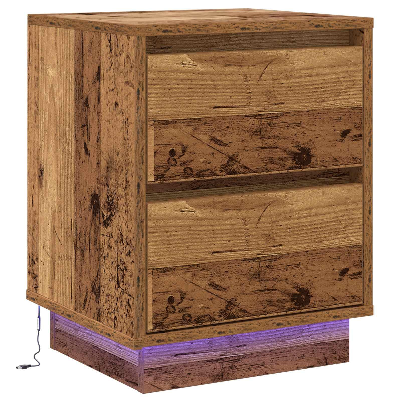 Mesita de noche con aspecto de madera envejecida, 39 x 34,5 x 50 cm, material de madera, con 2 cajones, conexión USB, iluminación LED, mesa auxiliar moderna para dormitorio, salón