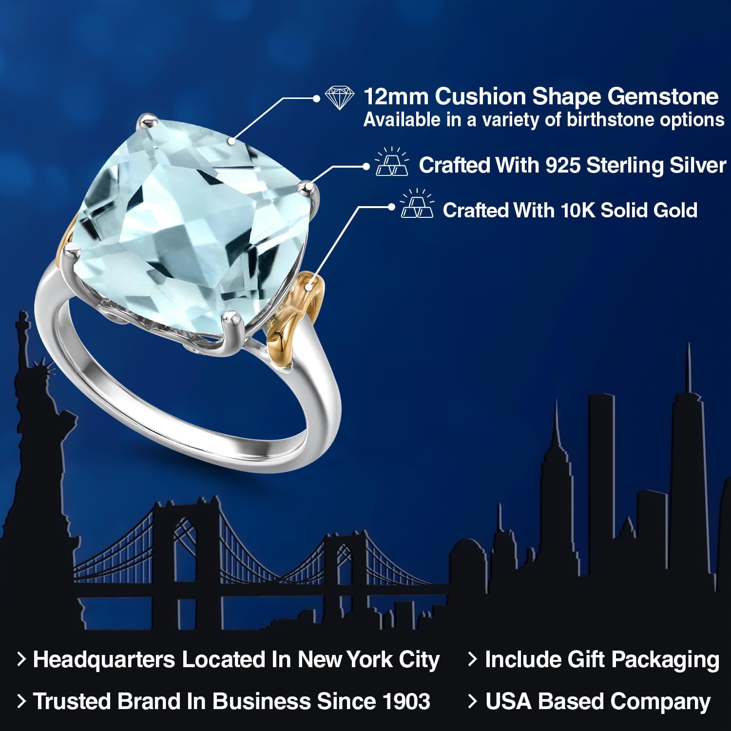 Gem Stone King 5-8 Cttw Gemstone Birthstone Solitaire Engagement Ring | 12MM Cushion | 925 Sterling Silver and 10K Yellow Gold | Wedding Anniversary Promise Ring
