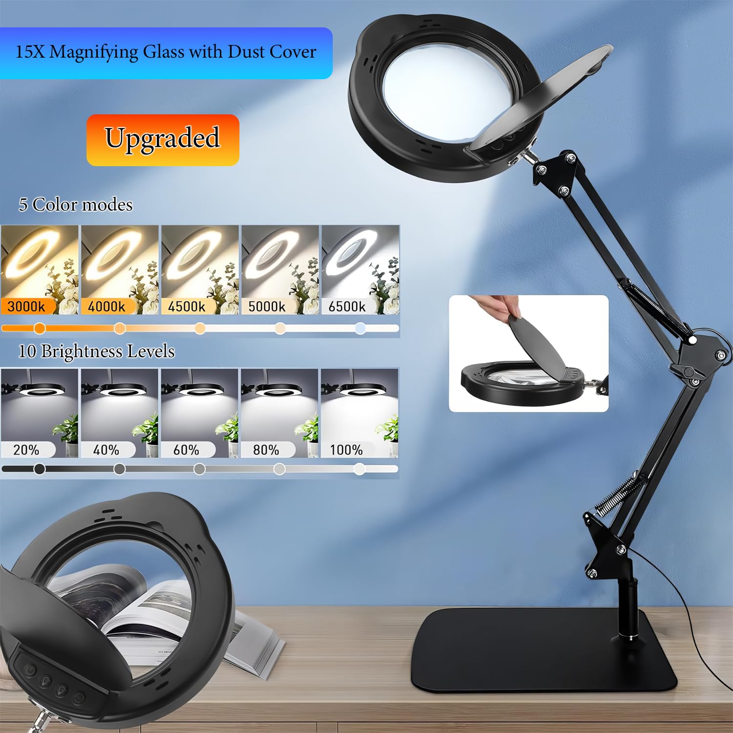 15X Magnifying Glass with Light and Clamp, LED Magnifying Lamp with Base, 5 Color Modes & 10 Brightness Levels, Hands-Free Desk Magnifier with Dust Cover for Crafts, Sewing, Repair, Close Work, Hobby