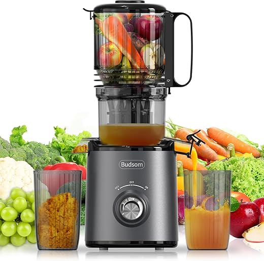 โBudsom Cold Press Juicer Machine: 300W Slow Masticating Juicer for Whole Fruits & Vegetables, 5.3" Wide Feed Chute, High Juice Yield, Easy to Clean, Quiet 55 RPM, Juice Extractor for Home & Kitchen