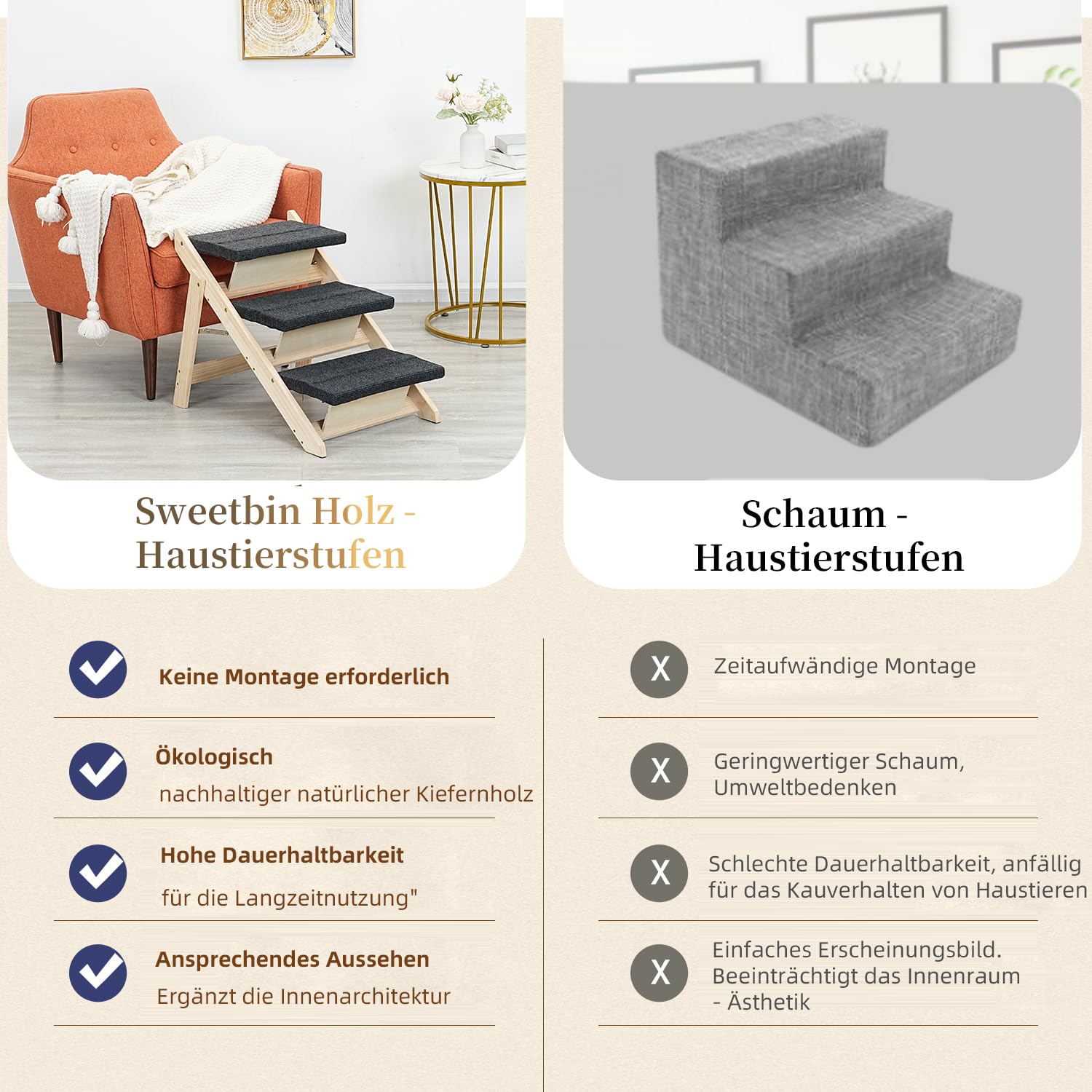 Holz-Haustiertreppe/Haustierstufen für alle Hunde und Katzen – 2-in-1 Faltbare Hundetreppe mit Teppichboden und 3 Ebenen & Rampe für Betten und Autos – tragbare Hunde-/Katzenleiter bis zu 54 kg